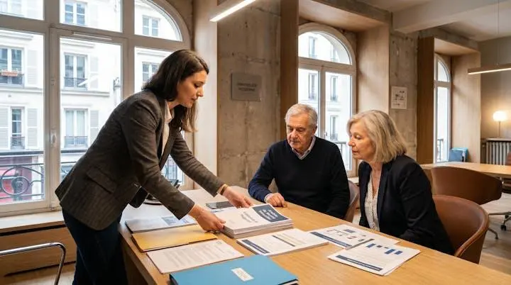 Agent immobilier consultant des propriétaires dans son bureau avec documents d'estimation et analyses de marché