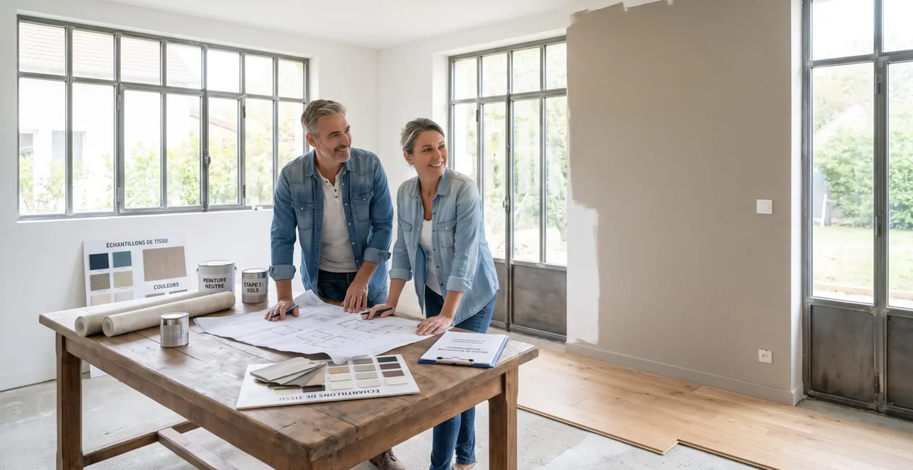 Couple de propriétaires dans leur salon en cours de rénovation avec matériaux et plans d'amélioration visibles sur une table