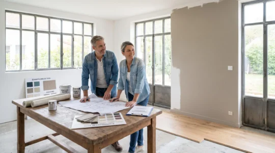 Couple de propriétaires dans leur salon en cours de rénovation avec matériaux et plans d'amélioration visibles sur une table