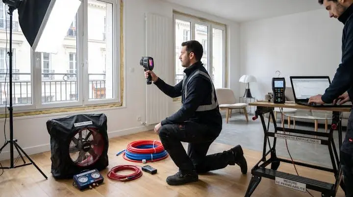 Technicien certifié effectuant un diagnostic de performance énergétique avec équipements de mesure thermique